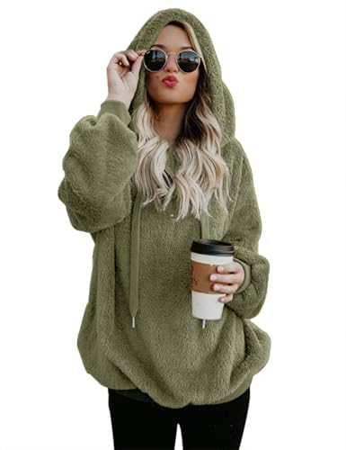 Romanstii Women's Cozy Oversize Fluffy Fleece Sweatshirt Hooded Pullover Spring Outwear Army Green XXL