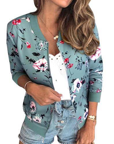 ECOWISH Damen Casual Jacke Blumenmuster Langarm Bomberjacke Reißverschluss...