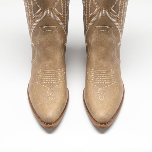 Athlefit Cowboy Boots for Women Vintage Embroidered Country Western Cowgirl Boots Low Chunky Heel Pointed Toe Mid Calf Boots4