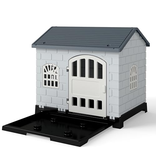 COSTWAY Cuccia per Cani da Esterno ed Interno, Casetta Impermeabile e Ventilata con Vassoio Toilette Rimovibile, Porta Bloccabile, 3 Finestre e Tetto a Pendenza, per Cani di Piccoli e Gatti (Grigio)