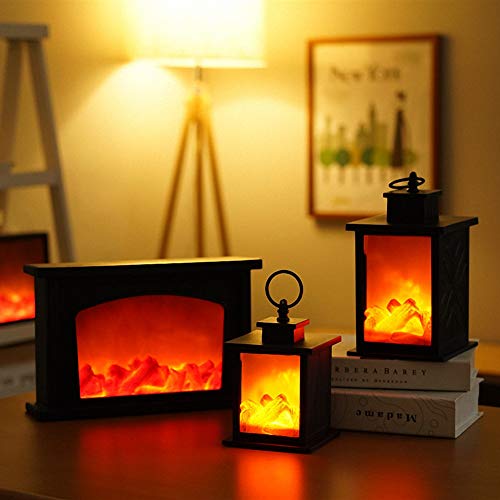 Image of Small Cozy Fireplace Lantern Traditional Realistic Log Wood Burning Flame Effect Ligh LED Charcoal Style Table LampFor Indoor & Outdoor Use
