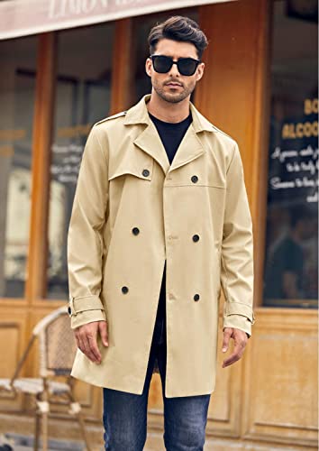 Pretifeel Mens Trench Coat Slim Fit Double Breasted Long Jacket Notched Lapel Belt Fall Windproof Coat Khaki #TOP1