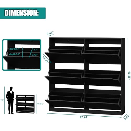 Image of Xixini Shoe Storage Cabinet for Entryway with 6 Flip Drawers, Sturdy Wood Hidden Shoe Storage, Freestanding Narrow Slim Shoe Organizer for Front Door Entrance, Living Room, Hallway, Bedroom, Black