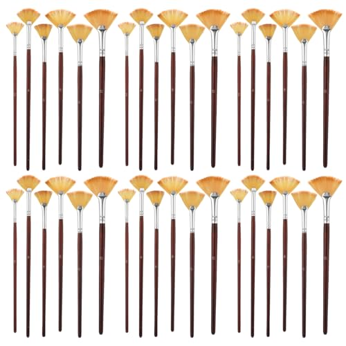 COMNICO 42 Pcs Fan Paint Brushes Professional Artist Painting Brush Set Soft Nylon Hair Brush Long Wooden Handle for Artists Acrylic Watercolor Oil Painting