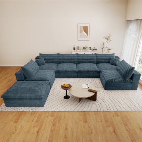 Image of 136 inch Cloud Couch Modular Sectional Sofa for Living Room, U-Shape Boneless Couch with Deep Seat, Modern Corduroy 6-Seater with Ottoman, No Assembly Required, Blue