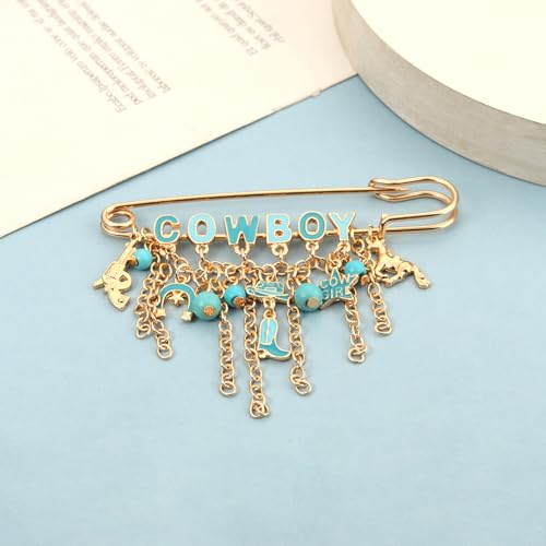 Image of Western Cowboy Safety Pins Brooches Rodeo Boot Hat Horse Horseshoe Beads Charms Pins West Country Concert Party Brooch Jewelry for Skirts Sweater Scarf Lapel Hat Accessories