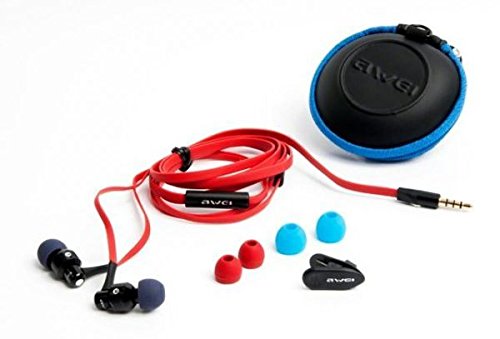 Awei ES-500i earphones with red cable, blue ear tips, and a black carrying case.
