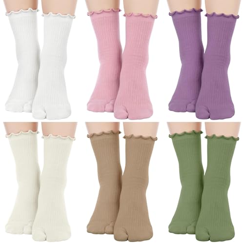 Bencailor 6 Pairs Tabi Socks Women Split Toe Flip Flop Frilly Socks Cotton Japanese Sandal Slipper for Men Women Unisex(Kawaii Colors,8-11)