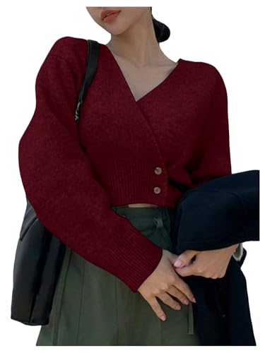 Image of WDIRARA Women's Wrap V Neck Sweater Button Front Long Sleeve Crop Knitted Top