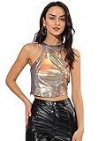 Allegra K Damen Holographic Party Sparkle Neckholder Strecken Crop Top Muskelshirt Blau L