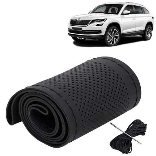 Image of KINGSWAY PU Leatherite Car Steering Cover Sewable Compatible with Skoda Kodiaq (Year 2016-2020), Black Color with Black Thread, Pack of 1 with Sewing Needle and Thread