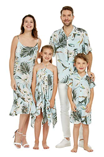Matching Boy and Girl Siblings Hawaiian Luau Muumuu Outfits in Wispy Cereus Light Blue2