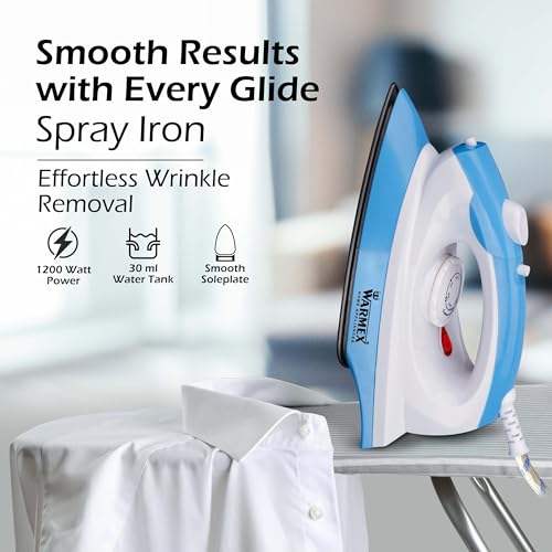 Image of WARMEX 1200 Watt Spray or Dry Iron for Clothes, Steam Iron Press, 50 ml Water tank & Non-Stick Soleplate, On /OFF Indicator Light with Overheat Safety Protection | 2 Year Warranty | (Blue)