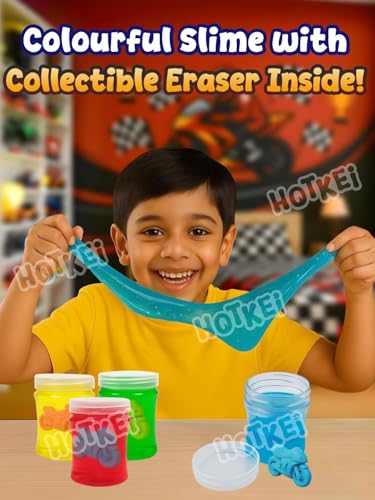 Image of HOTKEI Crazy Wheels Slime for Kids 3 to 10 Years Stretchable Slime with Surprise Bike Eraser Inside Soft Non-Sticky DIY Slimy Fun Toy Birthday & Return Gift for Kids Girls & Boys Pack of 4