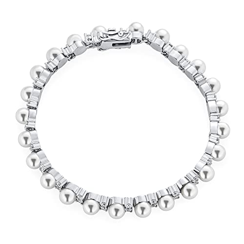 Traditional Bridal Alternating Round Cz Accent White Simulated Pearl Strand Bracelet For Women Wedding Silver Plated 7.25 Inch #TOP1