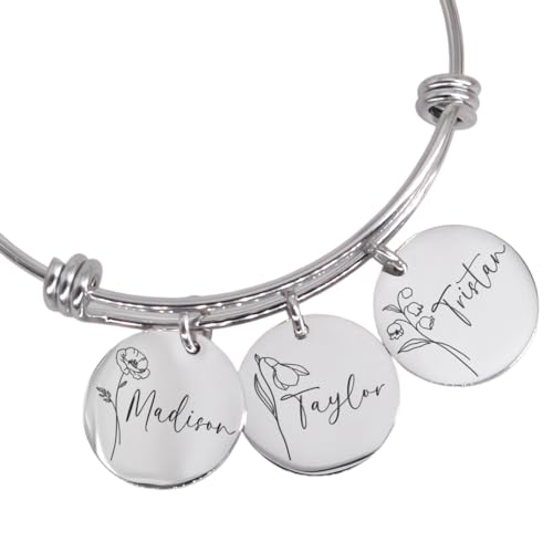 Personalized bracelet with birth flowers, gift for Mom, Gift for wife, Mothers Day bangle custom