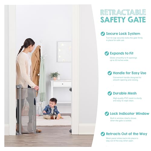 Image of Regalo Safety 50 inch Retractable Mesh Baby Gate, Bottom of Stairs & Doorways | Hardware Mounted, For Babies, Toddlers & Pets, Gray, Lock Indicator Window, Tested & Trusted for 30 Years