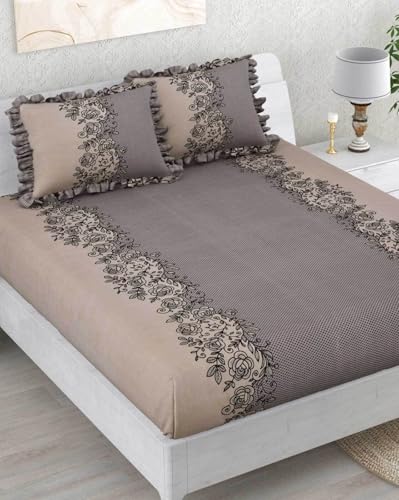 Image of 350 TC Premium Heavy Cotton Feel Elastic Fitted Bedsheet King Size with 2 Frill Pillow Covers King Size || Double Bed with All Around Elastic (Coffee Frill, Queen)