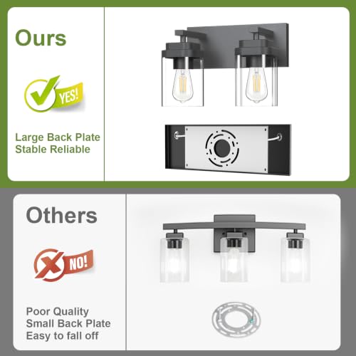 Image of Black Bathroom Light Fixtures, 2 Lights Bathroom Lighting Fixtures Over Mirror, Square Design & Rectangle Large Backplate, Modern Vanity Lighting Fixtures, for Bathroom /Living Room /Bedroom