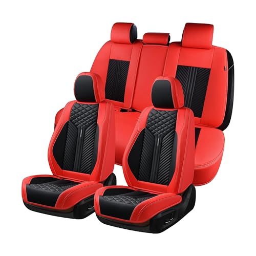 Image of Coverado Car Seat Covers Full Set, 5 Seats Leather Seat Covers for Cars, Waterproof Front and Rear Car Seat Cushions Protectors Universal Fit Most Vehicles (Black&Red)
