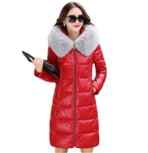Veste d'hiver en cuir rouge XXL avec capuche en fourrure pour femme FULBHPRINT