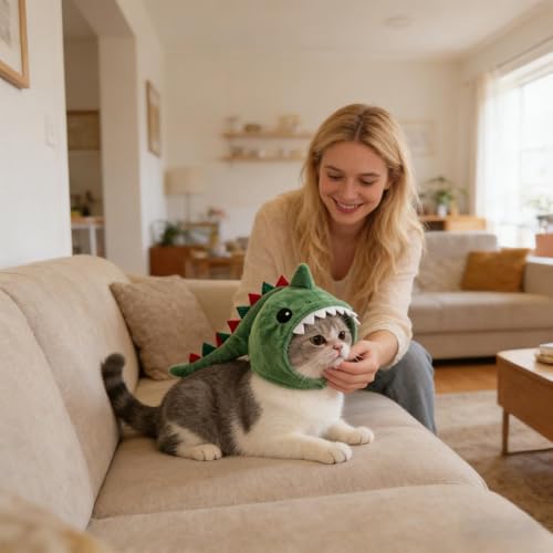 Gorro para gatos ajustable con protección térmica suave y diseño de dinosaurio para invierno 4