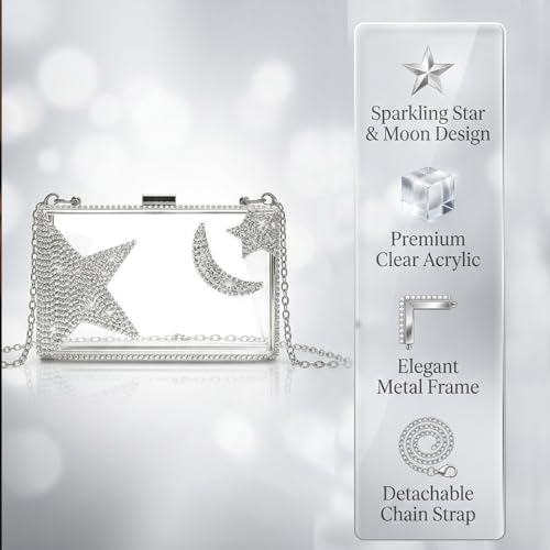 Image of Ladies Clear Acrylic Moon and Star Rhinestone Chain Bag Sparkly Transparant Clutch Purse for Women Evening