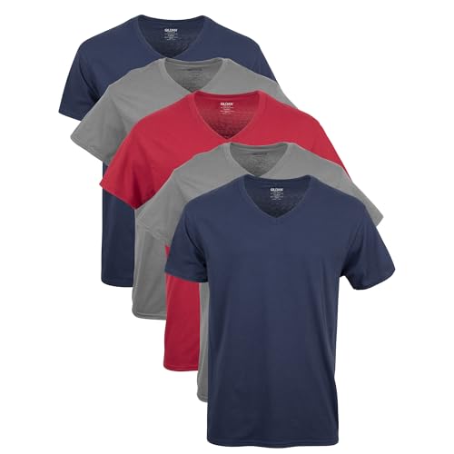 Gildan Men's V-Neck T-Shirts, Multipack, Style G1103 Undershirt, Navy/Charcoal/Cardinal Red (5-Pack), L