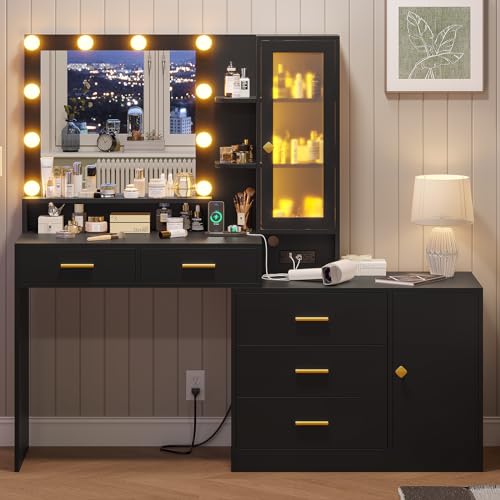 BTHFST Makeup Vanity Desk with Mirror and Lights, Black Vanity with Ambient Light & Charging Station, Vanity Table with Drawers & Shelves & Dresser, Makeup Table with Storage Cabinet