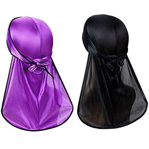 Silky Durag (2PCS) with Extra Long Tail and Wide Straps Headwrap Du-Rag for 360 Waves (Black+Purple)