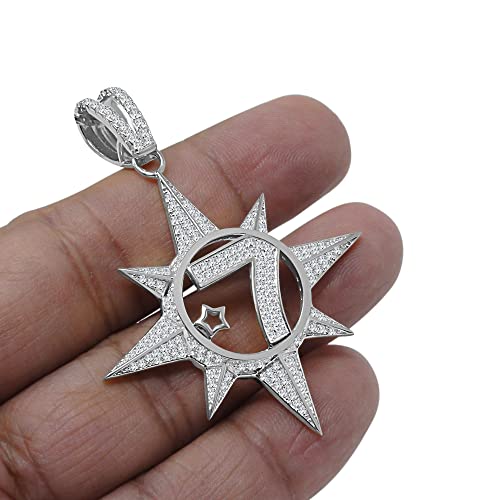 Real Genuine Sterling Silver Five Percenter 2.00 Cwt. Simulated Diamond 14K Gold On Allah Five-Percent Nation Pendant Muslim Charm Chain Neckless Set (White Gold Finish)2