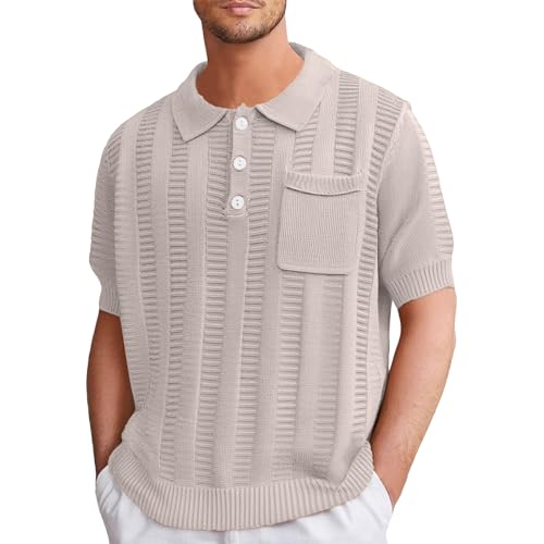 Polo para hombre adulto, camisa casual de manga corta, cuello en V, hueco, transpirable, para verano, beige, XXL