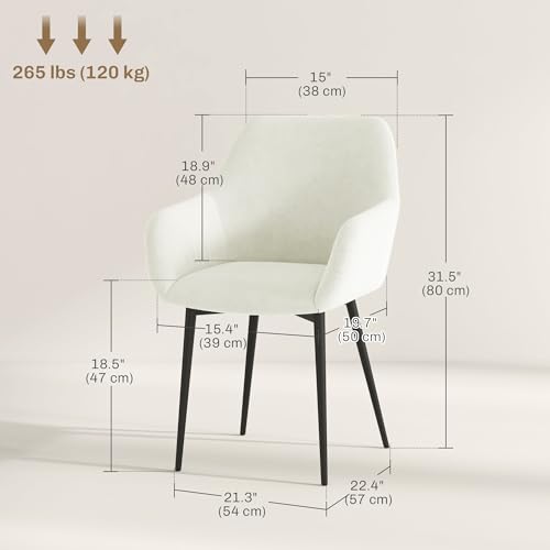HOMCOM Dining Chairs Set of 2, Modern Velvet-Look Fabric Upholstered Kitchen Chairs with Backrest, Armrests and Steel Legs for Dining Room, Living Room, Cream White - Image 4