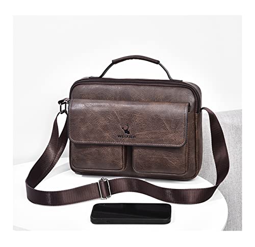 Bolsas para homens Bolsas de mão de bolso duplo Bolsas de ombro transversal de couro, Marrom escuro,