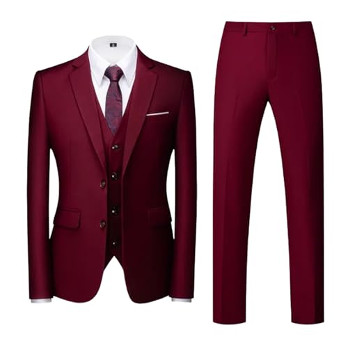 Men Fashionable Business Casual Two Button Jacket Vest Pants 3-Piece Suit Multiple Burgundy
