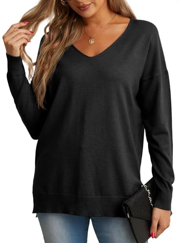 GRECERELLE Women's V-Neck Long Sleeve Side Split Loose Casual Knit Pullover Sweater Blouse2