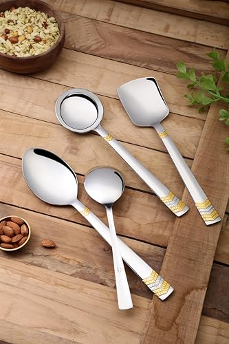 Image of FnS 4 Pieces Stainless Steel Serving Set | 1 Rice Spoons, 1 Veg Serving Spoon, 1 Soup Ladle (Karchi) & 1 Serving Spoon | Premium 24 Karat Gold Plated for Home, Kitchen & Dining Table (Raga Design)