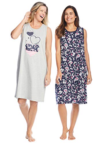 Dreams & Co. Women's Plus Size 2-Pack Sleeveless Sleepshirt Nightgown - 22/24, Navy Paisley Hearts Blue #TOP5