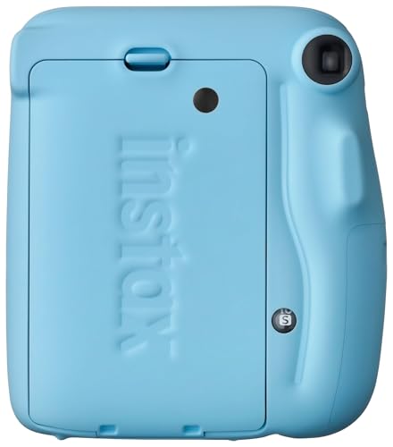 Image of instax mini 11 instant film camera with 1 x 10 shot instant film cartridge, Automatic exposure, selfie lens, hand strap, Sky Blue colour