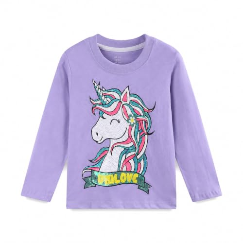 Image of komi kyanissor Unicorn Top for Girls Colourful Sequin Unicorn Graphic T-Shirt Purple Kids Summer Clothes Girls Long Sleeve Crew Neck Tshirt for Toddler Age 5-6