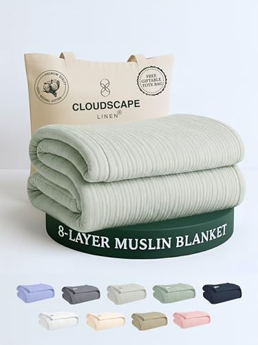 Cloud Scape Linen 8-Layer Muslin Blanket Queen Size - 100% Cotton, Soft and Breathable, Oversized Winter Blanket, Fits up to Full Size Bed, 92x92, Seafoam
