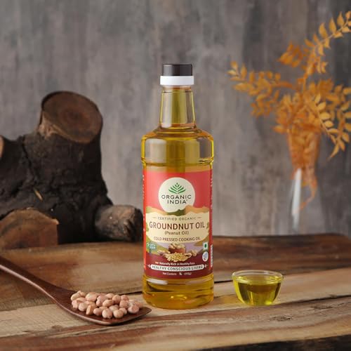 Image of Organic India Groundnut (Peanut) Oil, 1000ml | Cold Pressed Unrefined Organic Oil with Natural Flavour | Certified Organic and Lab Tested on 250+ Parameters | Perfect for Daily Cooking | Natural Aroma and Taste
