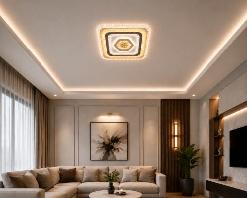 Image of FILLISKA Aluminium Luxurious 3 in 1 Led Ceiling /Wall Chandelier Light with 3 Step Colour Changing Function (Acrylic White Square-638-2SQ)