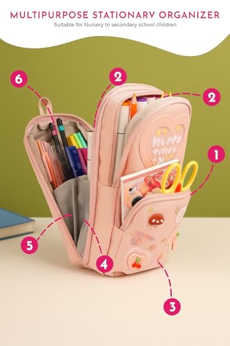 Image of Premium Canvas Pencil Case Hang able 6 Layer with 3 Compartment, Cute Aesthetic Pencil Case for Girls, Large Capacity Pencil Pouch, Cute Stationary Gift for Kids (Happy Times - Pink)