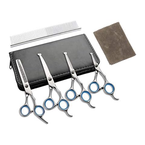 Mogokoyo Stainless Steel Dog Cat Grooming Scissors Kit, Safe Round Tip Pet Curved/Straight/Thinning Shears Set for Trimming Cover