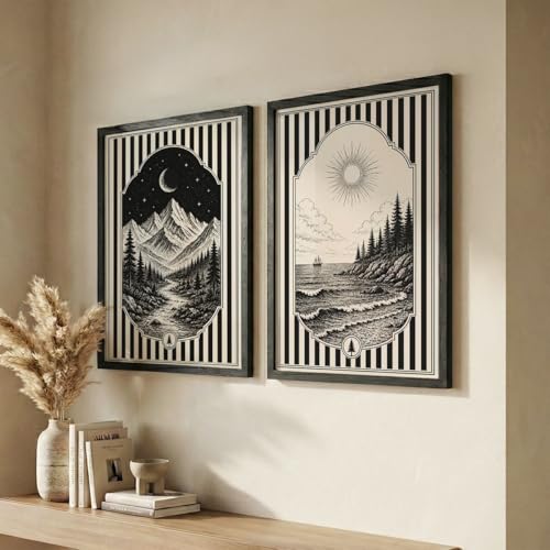 Image of NoWorries Framed Black and White Wall Art Set of 2, Vintage Mountain Moon and Coastal Ocean Landscape Prints, Boho Nature Decor, Scandinavian Minimalist Artwork for Bedroom, Hallway and Office (Art-18, 10x13inch)