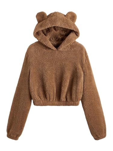 SOLY HUX Women's Cropped Hoodies Long Sleeve Bear Fuzzy Sweatshirt Cute fleece Pullover Tops Teen Girls Preppy hoodie Plain Brown M