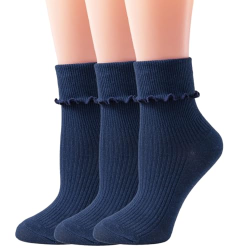 Image of Womens Ruffle Socks Fashion Breathable Solid Color Turn-Cuff Cute Girls Ankle Socks 3 Pairs