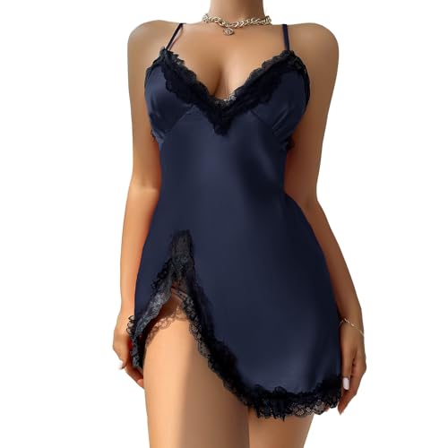 Genérico Camisón Mujer satén Encaje Tirantes Finos Ropa de Dormir Suave lencería Sexy Vestido Noche Escote en V Chemise Elegante 2025
