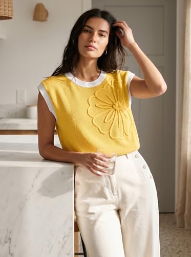 Dokotoo Women's Summer 3D Floral Sweaters Crew Neck 2026 Casual Shirts Spring Cap Sleeves Beach Vacation Clothes Loose Knit Pullover Lightweight Color Blocked Tops Resort Wear,Yellow Cream Small — view 5